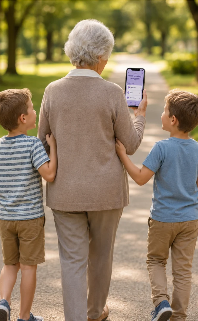 A grandmother and grandchildren on a walk, Along in hand