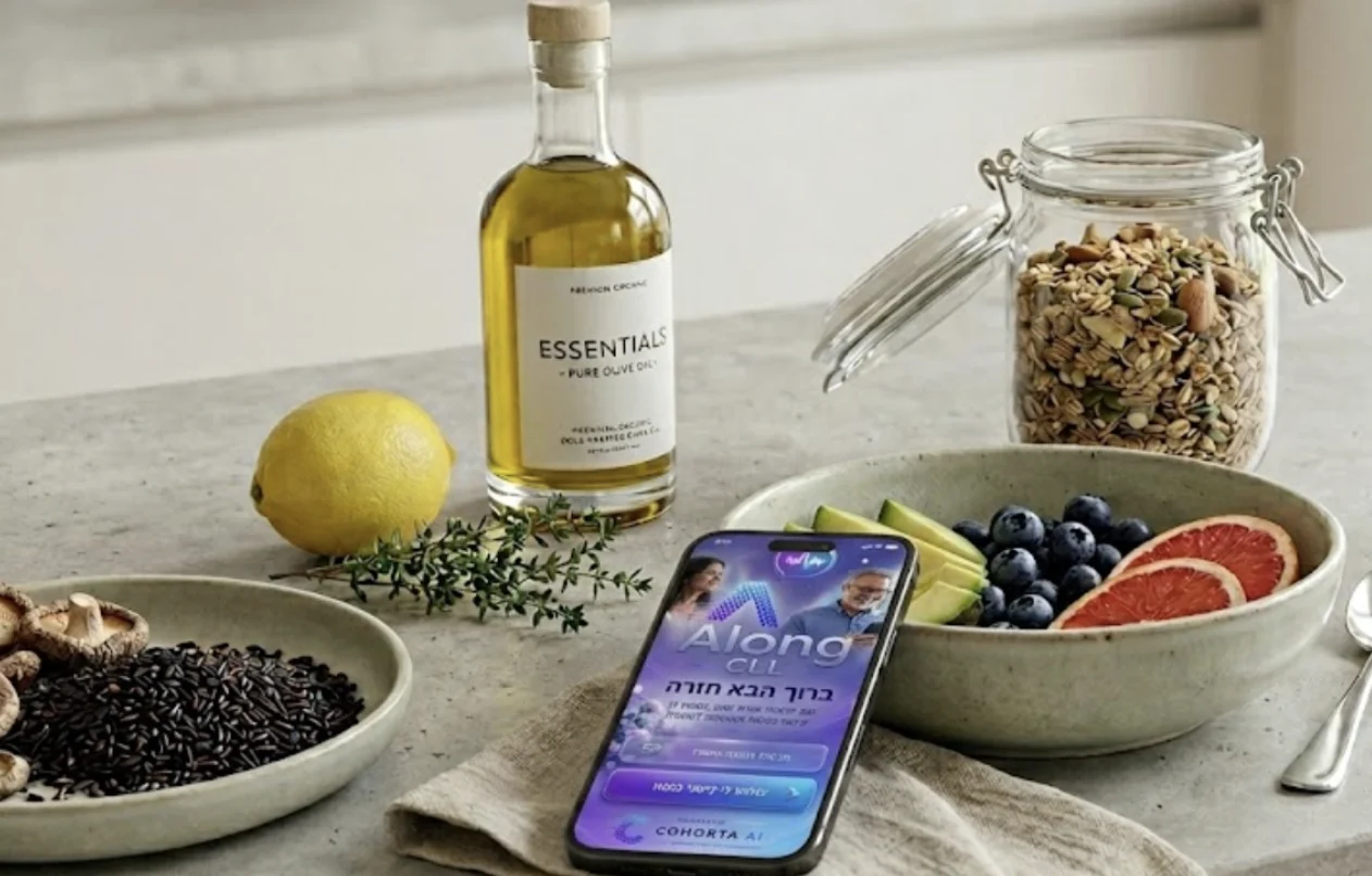 A healthy breakfast counter with the Along app resting on it